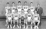 1958.  Front, l-r: 22-Bill Hefty, 35-John Holdrich, 31-Jim Zweifel, 32-Armin Daubert, 23-Jack Ponyicsanyi.  Rear, l-r: 33-Jim Hefty, 30-Bill Esher, 34-Steve Boyum, 24-Dick Freitag, 25-Elmer Lemon, Coach John Ponyicsanyi.